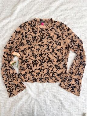 Vince Camuto Sheer Mesh Floral Top Nude Black Long Sleeve Flocked Blouse Size M